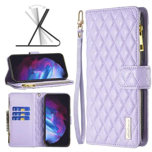 For Samsung Galaxy S23 Diamond Quilted Leather Zipper Wallet Flip Case with 9 Card Slots and Lanyard Cover – Purple