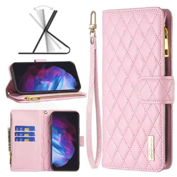 For Samsung Galaxy S23 Diamond Quilted Leather Zipper Wallet Flip Case with 9 Card Slots and Lanyard Cover – Rose Gold