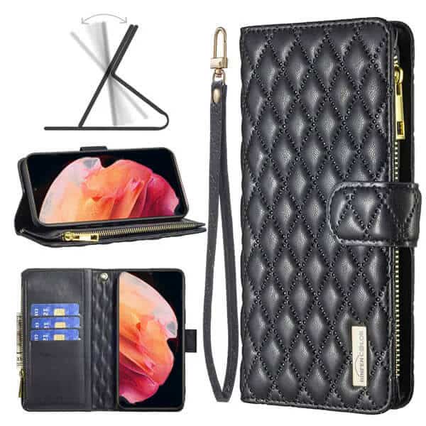 For Samsung Galaxy S23+ /S23 Plus Diamond Quilted Leather Zipper Wallet Flip Case with 9 Card Slots and Lanyard Cover – Black