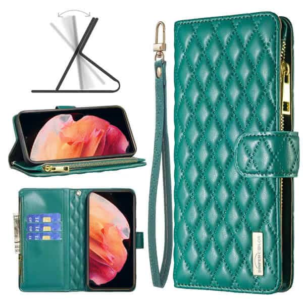 For Samsung Galaxy S23+ /S23 Plus Diamond Quilted Leather Zipper Wallet Flip Case with 9 Card Slots and Lanyard Cover – Green