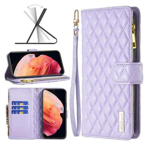 For Samsung Galaxy S23+ /S23 Plus Diamond Quilted Leather Zipper Wallet Flip Case with 9 Card Slots and Lanyard Cover – Purple