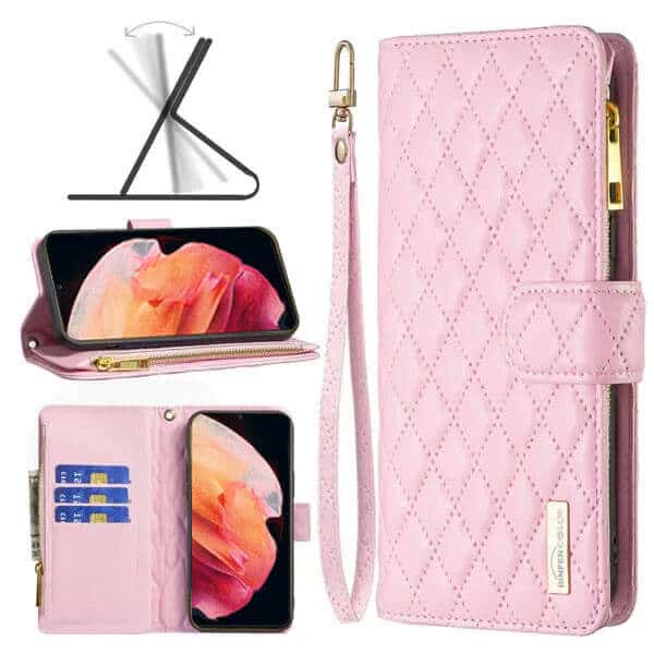 For Samsung Galaxy S23+ /S23 Plus Diamond Quilted Leather Zipper Wallet Flip Case with 9 Card Slots and Lanyard Cover – Rose Gold