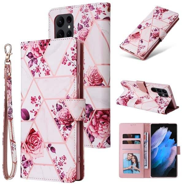 For Samsung Galaxy S23 Ultra Case Fashion Marble Painting Pattern Flip Wallet Case Leather Card Slots Stand Cover (Rose Gilding)