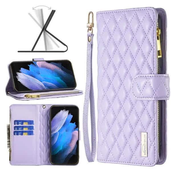 For Samsung Galaxy S23 Ultra Diamond Quilted Leather Zipper Wallet Flip Case with 9 Card Slots and Lanyard Cover – Purple