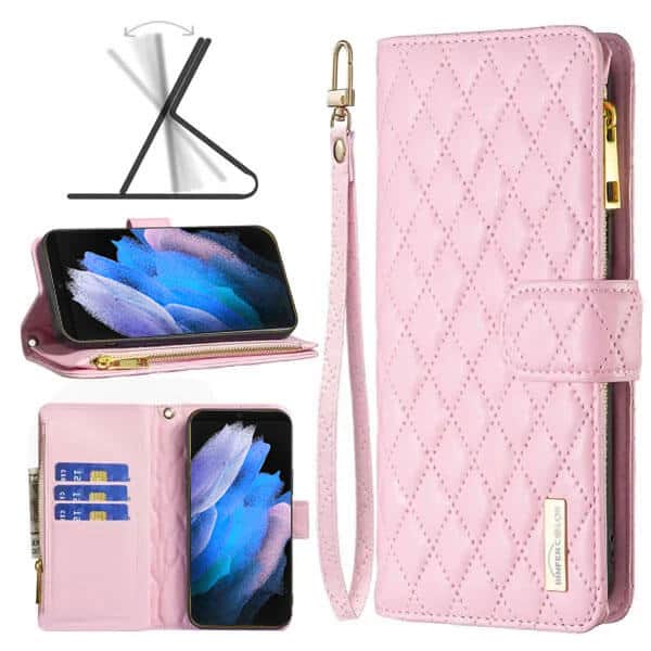 For Samsung Galaxy S23 Ultra Diamond Quilted Leather Zipper Wallet Flip Case with 9 Card Slots and Lanyard Cover – Rose Gold