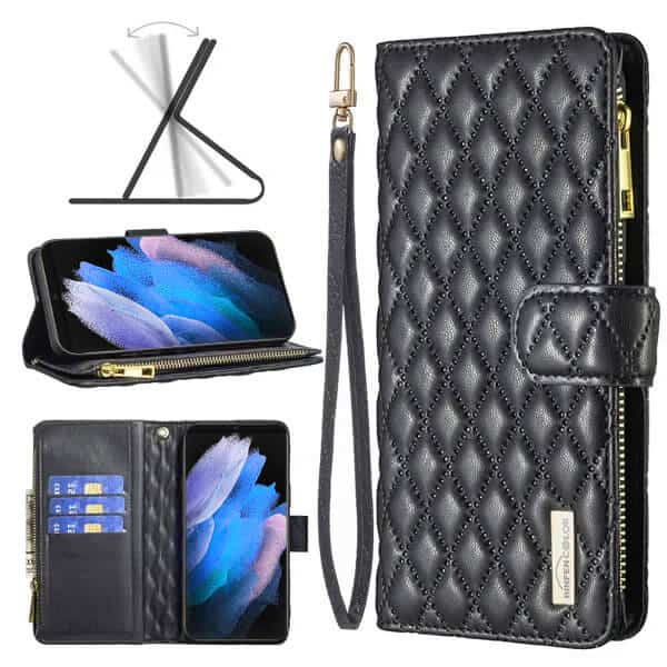 For Samsung Galaxy S23 Ultra Diamond Quilted Leather Zipper Wallet Flip Case with 9 Card Slots and Lanyard Cover – Black