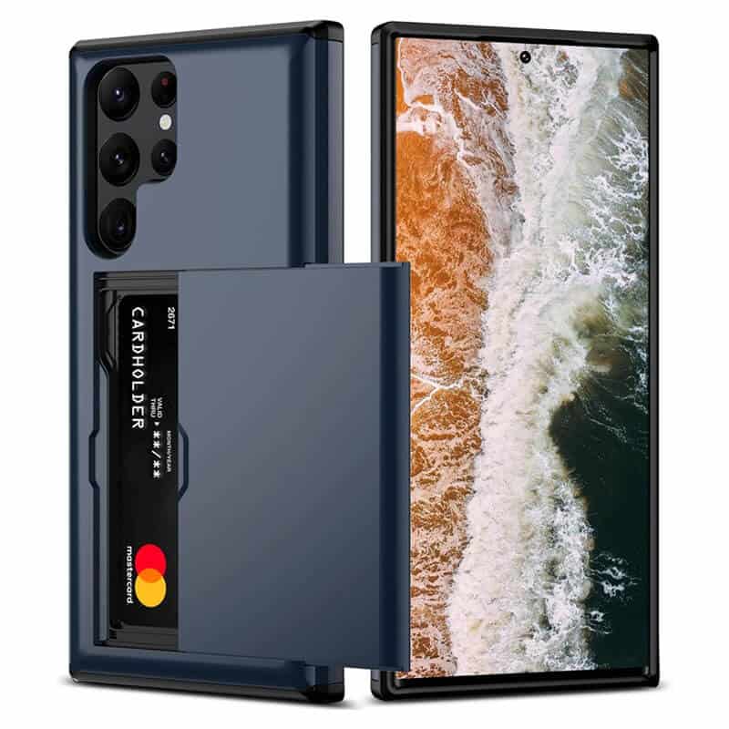 For Samsung Galaxy Slide Armor Card Holder Wallet Protective Shockproof Hard Dual Layer Back Cover