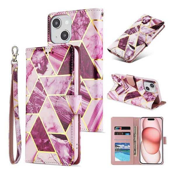 For iPhone 15 15 Pro 15 Pro Max 15 Plus Case Marble Pattern With Lanyard Flip Wallet Case Leather Card Slots Stand Cover