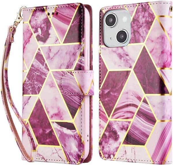 For iPhone 15 15 Pro 15 Pro Max 15 Plus Case Marble Pattern With Lanyard Flip Wallet Case Leather Card Slots Stand Cover