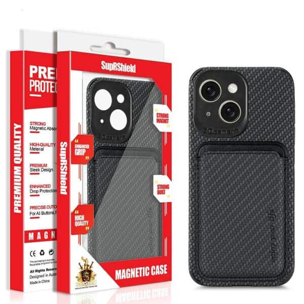 For iPhone 15/15 Pro Max /15 Plus MagSafe Card Holder, Carbon Fiber, Detachable Magnetic Wallet Slot Case Cover