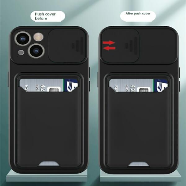 For iPhone 15/15 Pro Max / Plus Card Holder Mobile Phone Case Camera Protection Lens Slider Camera Shutter Wallet Cover