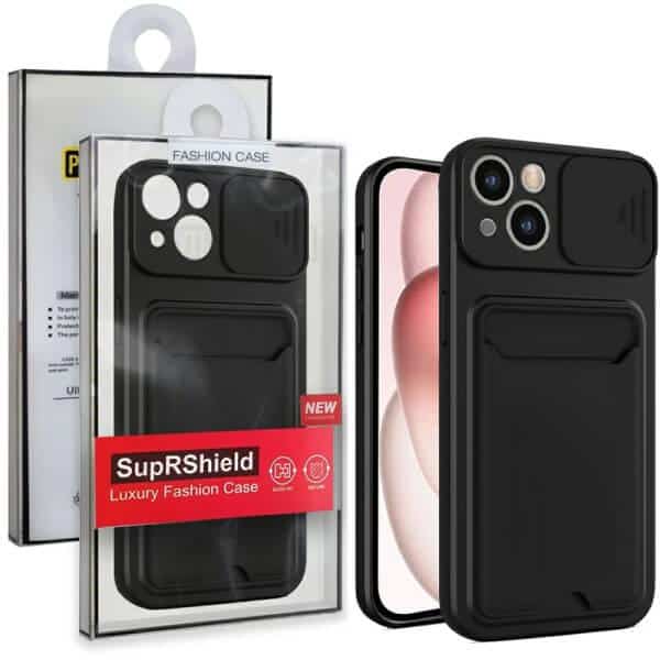 For iPhone 15/15 Pro Max / Plus Card Holder Mobile Phone Case Camera Protection Lens Slider Camera Shutter Wallet Cover