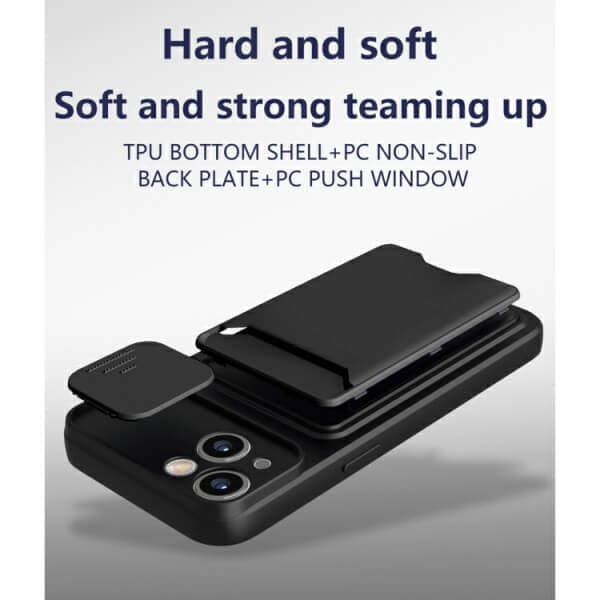 For iPhone 15/15 Pro Max / Plus Card Holder Mobile Phone Case Camera Protection Lens Slider Camera Shutter Wallet Cover