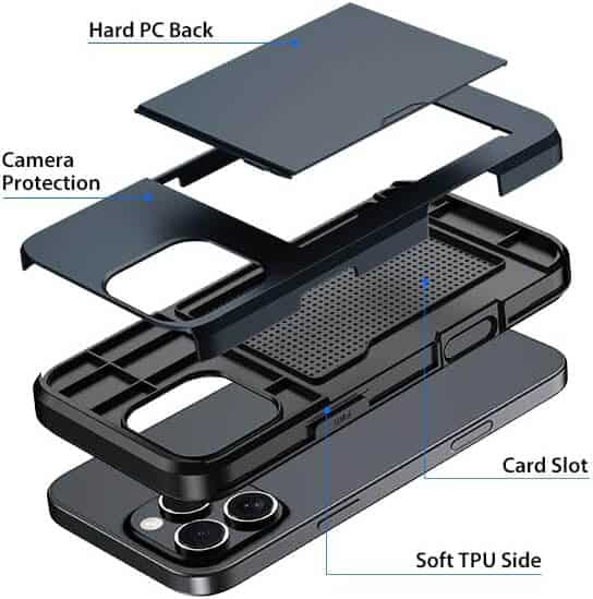 For iPhone Slide Armor Card Holder Wallet Protective Shockproof Hard Dual Layer Back Cover