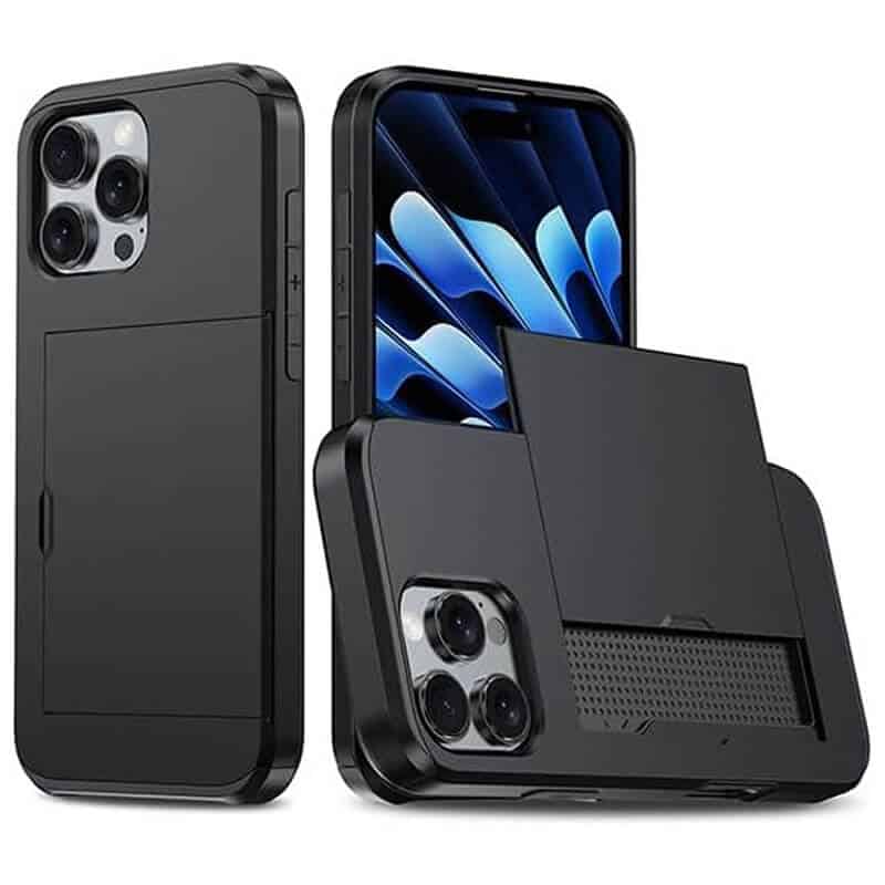 For iPhone Slide Armor Card Holder Wallet Protective Shockproof Hard Dual Layer Back Cover