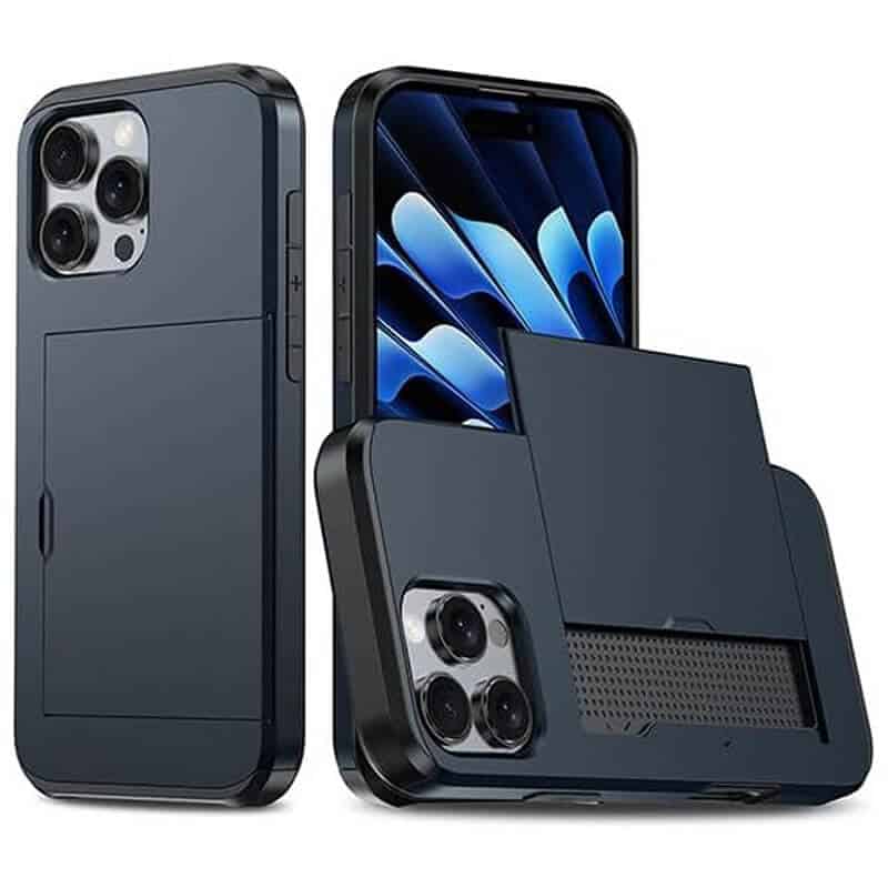 For iPhone Slide Armor Card Holder Wallet Protective Shockproof Hard Dual Layer Back Cover