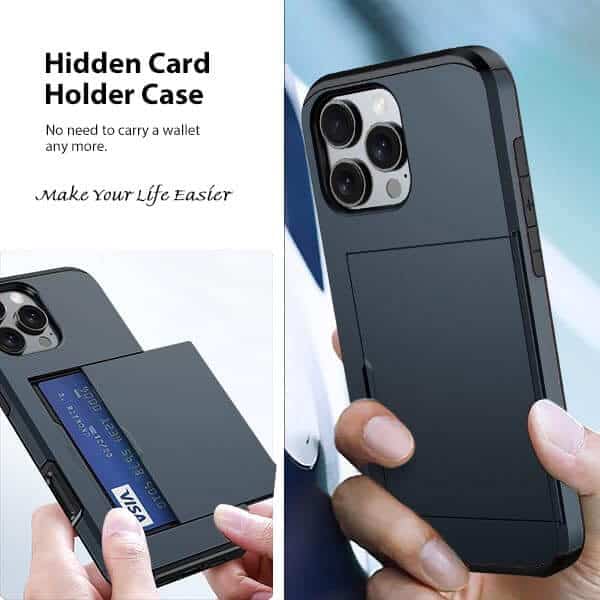 For iPhone Slide Armor Card Holder Wallet Protective Shockproof Hard Dual Layer Back Cover