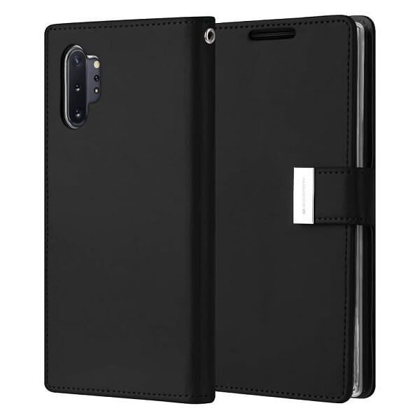 Samsung Galaxy Note 10 Plus Note10+ Goospery Rich Diary Wallet Flip Case Leather Card Slots Magnetic Cover (Black)