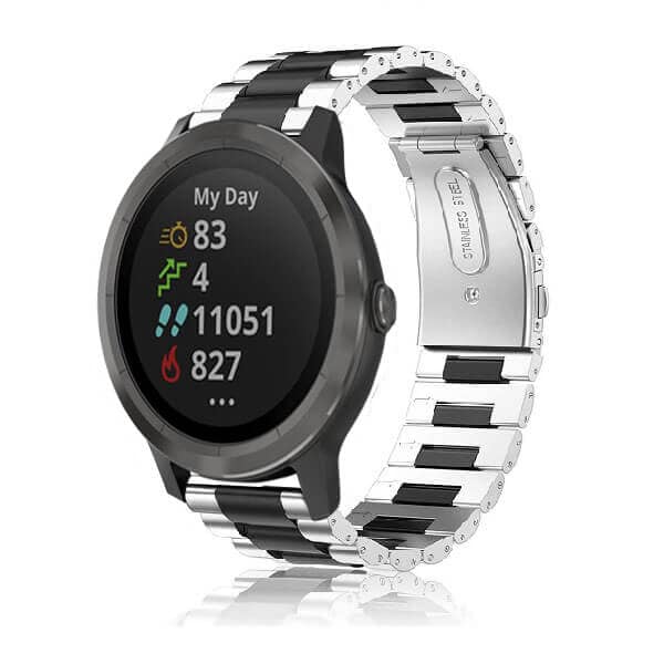 Garmin Forerunner 245 Music Bands, 20mm Stainless Steel Metal Replacement Strap Loop Bracelet Women Men (Dual Black /Silver)