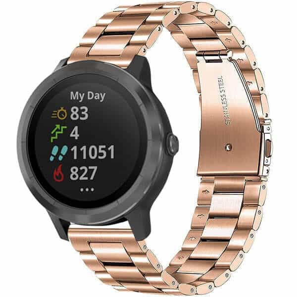 Garmin Forerunner 245 Music Bands, 20mm Stainless Steel Metal Replacement Strap Loop Bracelet Women Men (Rose Gold)