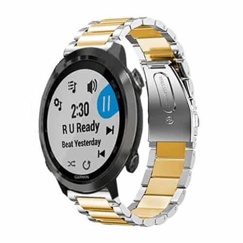 Garmin Forerunner 645 Music Bands, 20mm Stainless Steel Metal Replacement Strap Loop Bracelet Women Men (Dual Silver Gold)