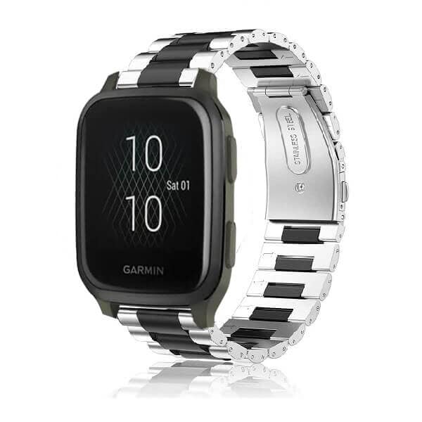 Garmin Venu SQ Bands, 20mm Stainless Steel Metal Replacement Strap Loop Bracelet Women Men (Dual Black /Silver)