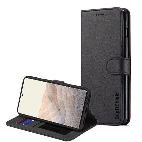 Google Pixel 6 Wallet Case Flip Leather Card Slots Shockproof Magnetic Stand Cover (Black)