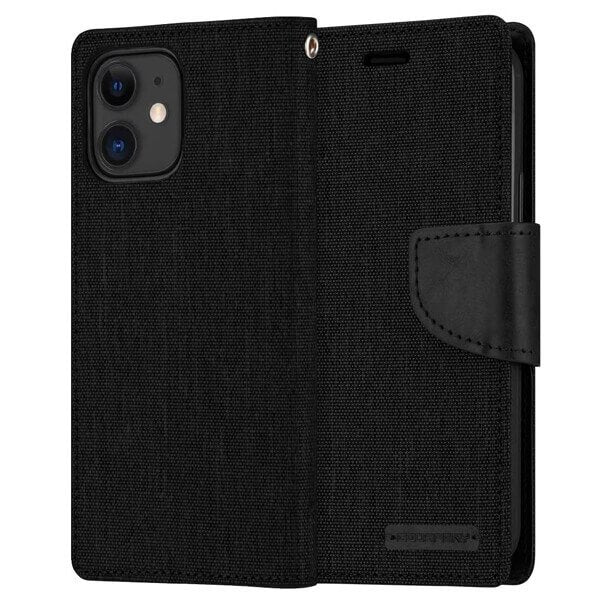Goospery Canvas Apple iPhone 12 Mini Wallet Leather Case Denim Stand Flip Fabric Pouch Credit Card Slots Cover - Black