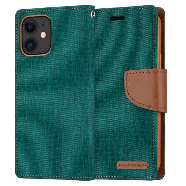 Goospery Canvas Apple iPhone 12 Mini Wallet Leather Case Denim Stand Flip Fabric Pouch Credit Card Slots Cover - Green