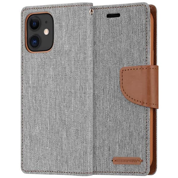Goospery Canvas Apple iPhone 12 Mini Wallet Leather Case Denim Stand Flip Fabric Pouch Credit Card Slots Cover - Grey