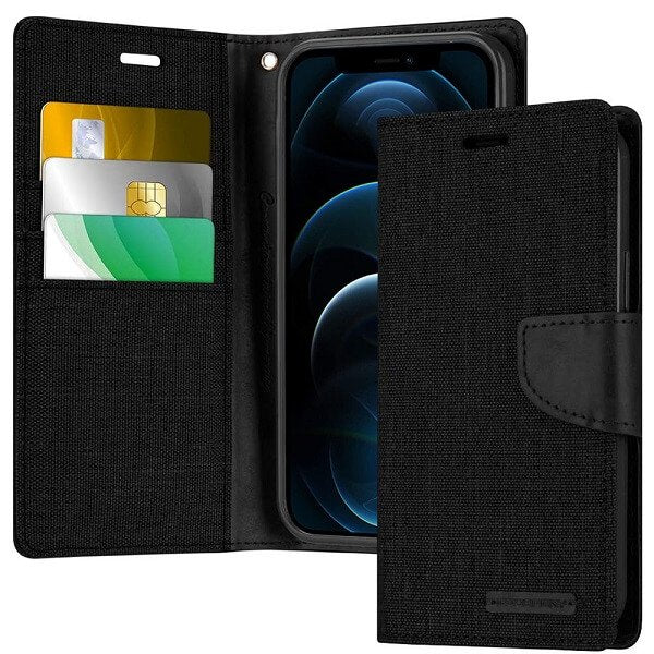 Goospery Canvas Apple iPhone 12 Pro Max Wallet Leather Case Denim Stand Flip Fabric Pouch Credit Card Slots Cover - Black