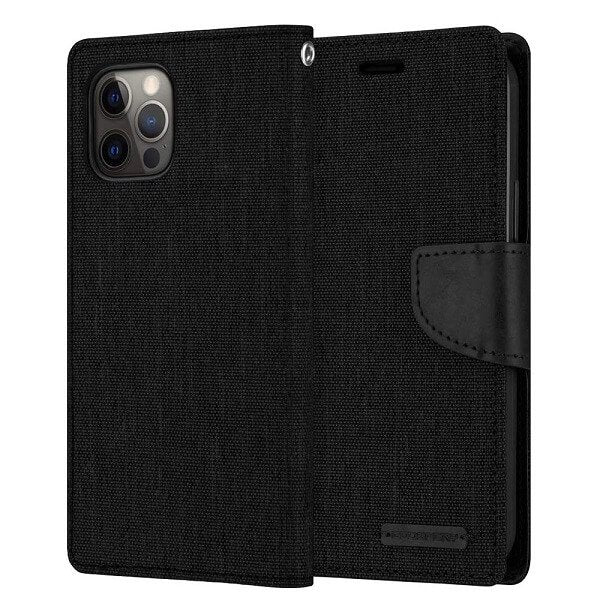 Goospery Canvas Apple iPhone 12 Pro Max Wallet Leather Case Denim Stand Flip Fabric Pouch Credit Card Slots Cover - Black