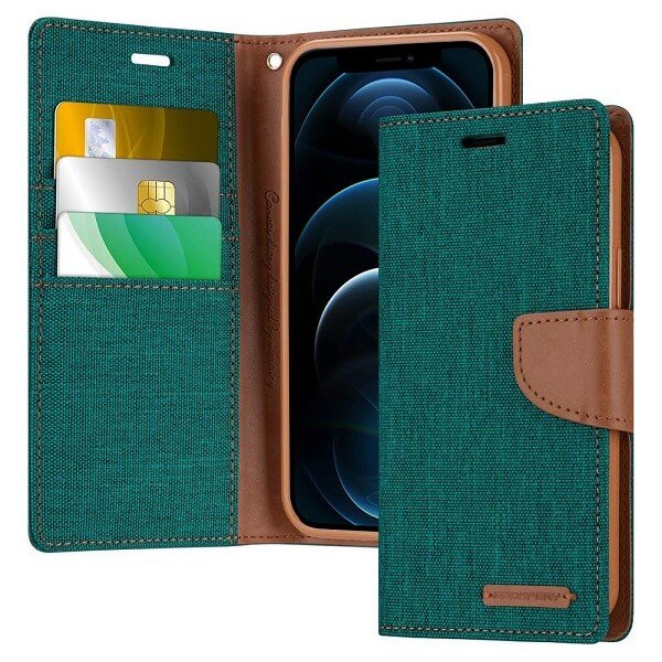Goospery Canvas Apple iPhone 12 Pro Max Wallet Leather Case Denim Stand Flip Fabric Pouch Credit Card Slots Cover - Green