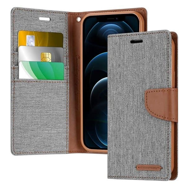 Goospery Canvas Apple iPhone 12 Pro Max Wallet Leather Case Denim Stand Flip Fabric Pouch Credit Card Slots Cover - Grey
