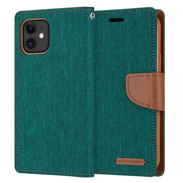 Goospery Canvas Apple iPhone 12 Wallet Leather Case Denim Stand Flip Fabric Pouch Credit Card Slots Cover - Green