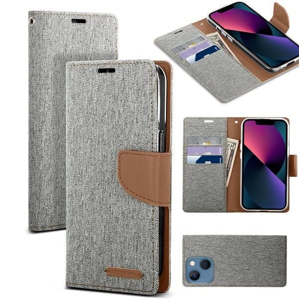 Goospery Canvas Apple iPhone 13 Wallet Leather Case Denim Stand Flip Fabric Pouch Credit Card Slots Cover - Grey