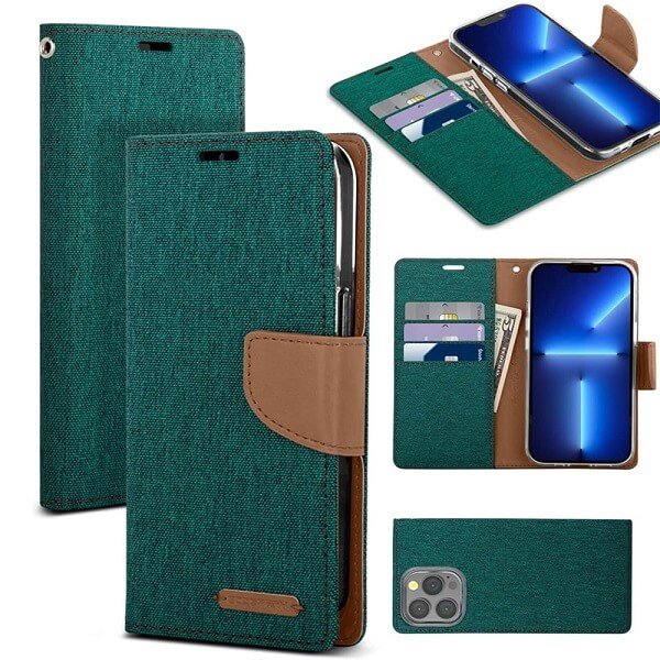 Goospery Canvas Apple iPhone 13 Pro Wallet Leather Case Denim Stand Flip Fabric Pouch Credit Card Slots Cover - Green