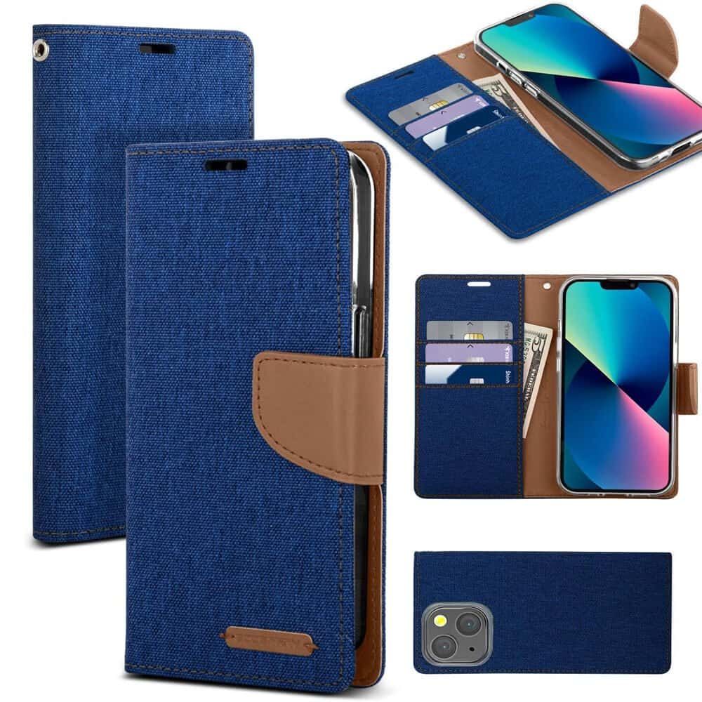 Goospery Canvas Apple iPhone 13 Wallet Leather Case Denim Stand Flip Fabric Pouch Credit Card Slots Cover - Navy Blue