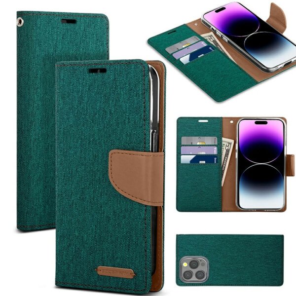 Goospery Canvas Apple iPhone 14 Pro Max Wallet Leather Case Denim Stand Flip Fabric Pouch Credit Card Slots Cover - Green