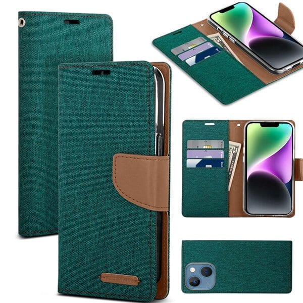 Goospery Canvas Apple iPhone 14 Wallet Leather Case Denim Stand Flip Fabric Pouch Credit Card Slots Cover - Green