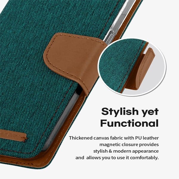 Goospery Canvas Apple iPhone 14 Wallet Leather Case Denim Stand Flip Fabric Pouch Credit Card Slots Cover - Green