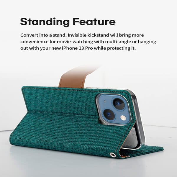 Goospery Canvas Apple iPhone 14 Wallet Leather Case Denim Stand Flip Fabric Pouch Credit Card Slots Cover - Green