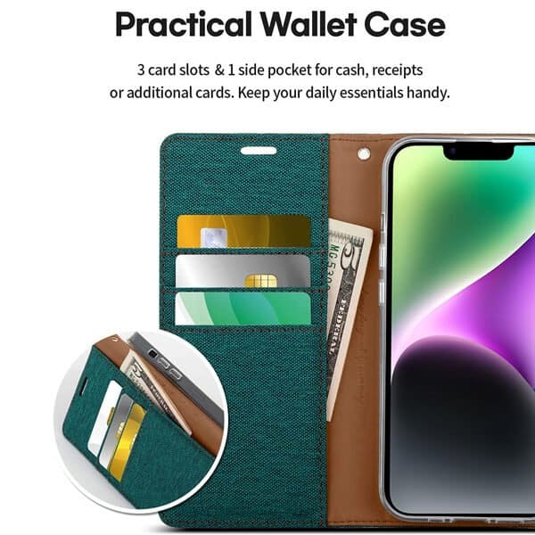 Goospery Canvas Apple iPhone 14 Wallet Leather Case Denim Stand Flip Fabric Pouch Credit Card Slots Cover - Green