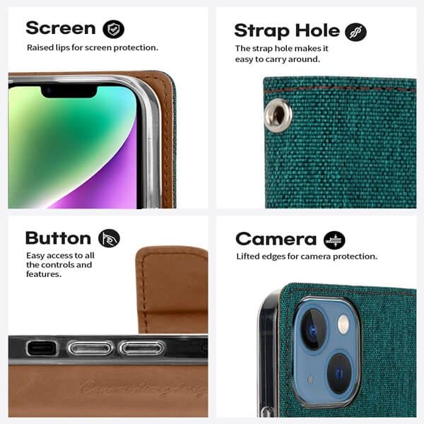 Goospery Canvas Apple iPhone 14 Wallet Leather Case Denim Stand Flip Fabric Pouch Credit Card Slots Cover - Green