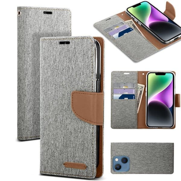 Goospery Canvas Apple iPhone 14 Wallet Leather Case Denim Stand Flip Fabric Pouch Credit Card Slots Cover - Grey