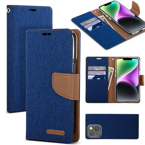 Goospery Canvas Apple iPhone 14 Wallet Leather Case Denim Stand Flip Fabric Pouch Credit Card Slots Cover - Navy Blue