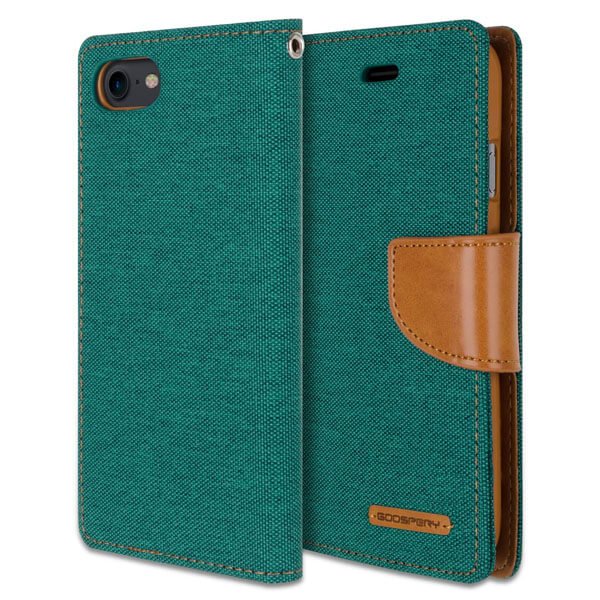 Goospery Canvas Apple iPhone 7 /8 Wallet Leather Case Denim Stand Flip Fabric Pouch Credit Card Slots Cover - Green