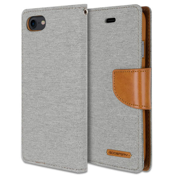 Goospery Canvas Apple iPhone 7 /8 Wallet Leather Case Denim Stand Flip Fabric Pouch Credit Card Slots Cover - Grey