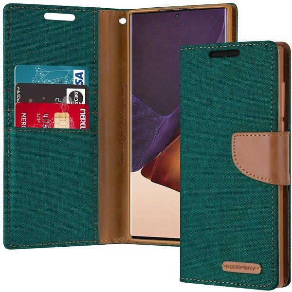 Goospery Canvas Samsung Galaxy Note 20 Ultra Wallet Leather Case Denim Stand Flip Fabric Pouch Credit Card Slots Cover - Green