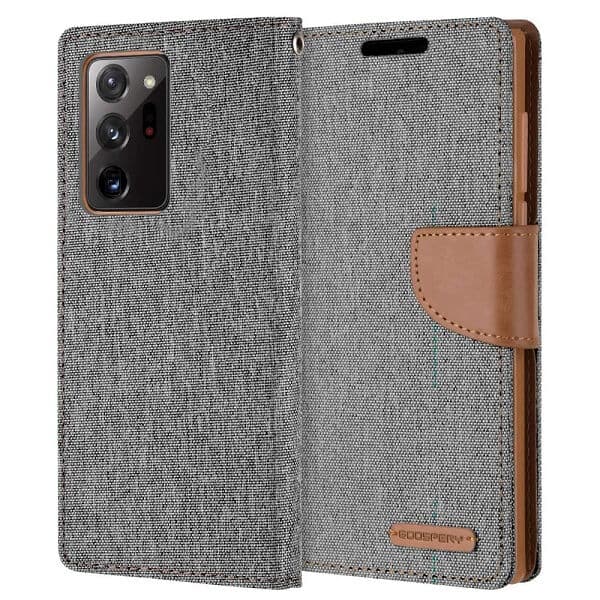 Goospery Canvas Samsung Galaxy Note 20 Ultra Wallet Leather Case Denim Stand Flip Fabric Pouch Credit Card Slots Cover - Grey